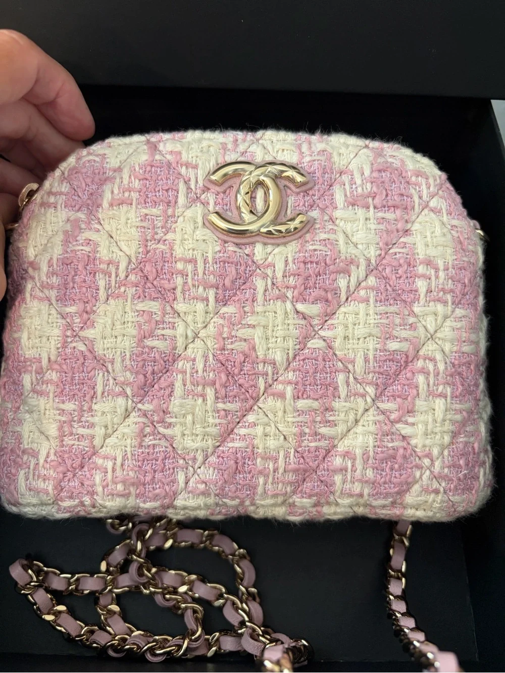 CHANEL Pink and White Tweed Quilted Mini Clutch With Chain